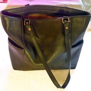 Seven Days Black Leather Large Tote Bag Women’s Shoulder Bag Side Pockets-AC095